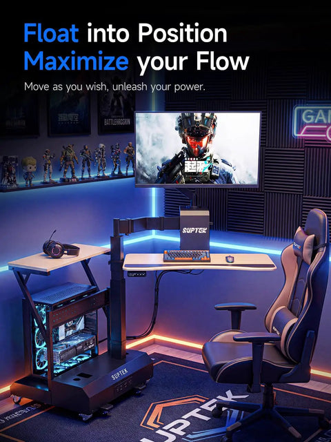 Level Up Your Setup With One Touch Electric Height Adjustable Mobile Gaming Desk Featuring Floating Shelf Dedicated CPU Stand Three Posture Modes And Built In Power Strip, showcasing gaming setup with CPU stand and ergonomic chair.