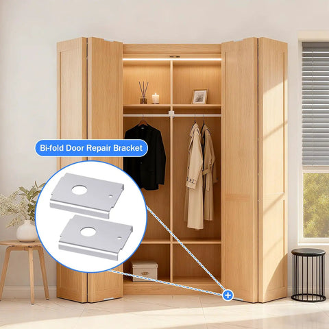 Open wooden closet with 4-Pack Bi-Fold Door Pivot Repair Kit For Top Or Bottom Mount shown in detail, easy DIY installation.