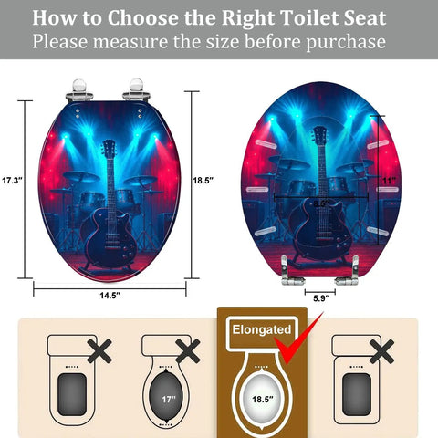 Elongated Toilet Seat Resin for Man Cave with measurements 14.5" x 18.5", featuring a guitar design, and adjustable hinges.