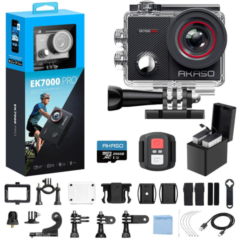 Ek7000 Pro 4K 30FPS Action Camera Bundle With 256GB MicroSDXC Card and accessories displayed, waterproof case, remote, mount parts