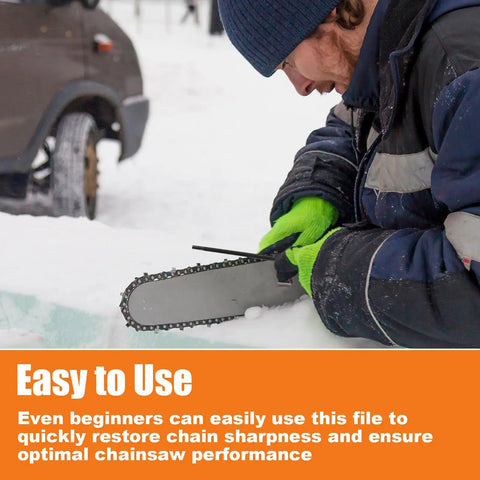 Person using Three Piece Chainsaw Sharpening File Set With Easy Grip Plastic Handles on a chainsaw blade in the snow