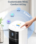 Evaporative Air Cooler Tower Fan with control panel showing 3 speeds and customizable settings for bedroom use