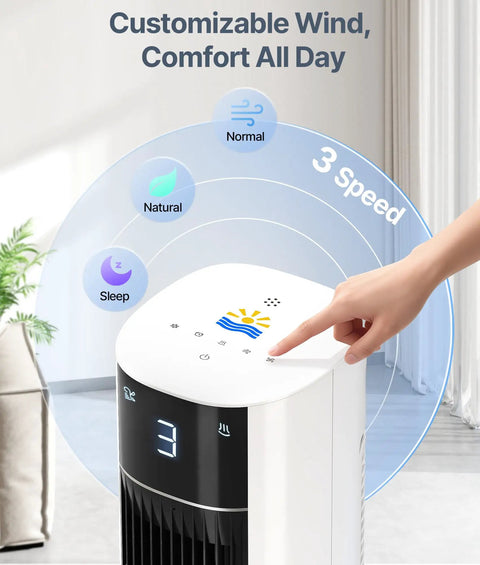 Evaporative Air Cooler Tower Fan with control panel showing 3 speeds and customizable settings for bedroom use