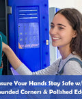 You Look Great Magnetic Locker Mirror 6 By 7 Inch on blue locker door with a smiling person placing items inside, showcasing safety features.