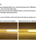 Comparison of LED strip light density, 5730 strip at 72 LEDs/m vs 2835 strip at 120 LEDs/m, both emitting warm yellow light.