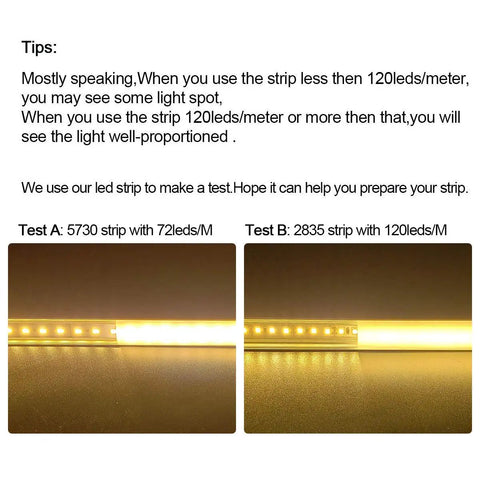 Comparison of LED strip light density, 5730 strip at 72 LEDs/m vs 2835 strip at 120 LEDs/m, both emitting warm yellow light.