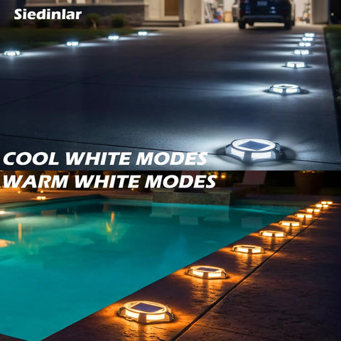 Outdoor Solar Deck Lights 8 Pack With 12 LEDs Per Light illuminating driveway and poolside in dual-mode cool and warm white lighting