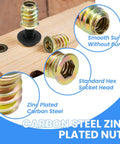 Heavy Duty 30 Pack Of 1/4-20 Threaded Inserts Matched With Flat Head Hex Socket Screws Top Shelf Zinc Coated Carbon Steel Fasteners Built Tough For Furniture Build Out Projects with carbon steel nuts and flat head design.