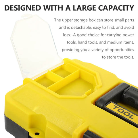 Close-up of Badass Plastic Toolbox With Lockable Buckles And Removable Tray Plus Sure Grip Carry Handle showing upper storage for small parts.