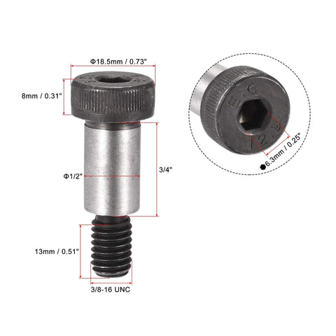 Built Tough Alloy Steel Hex Socket Shoulder Bolts Set, Three Quarters Inch Shoulder Length By One Half Inch Shoulder Diameter, Three Eighths Inch UNC Thread, High Torque Head For Tight Fits, Wear Resistant And Corrosion Resistant, Four Pack image showing bolt dimensions and details.