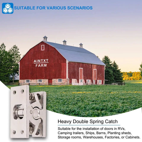 Heavy Duty Spring Loaded Door Lock And Cabinet Latch Double Roller Catch for RVs and homes shown with red barn.