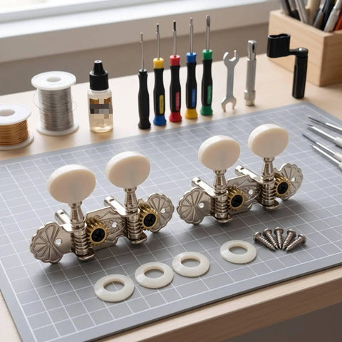 Premium White Ukulele Tuner Pegs And Keys With Smooth Gear Action Compact Metal Alloy Machine Heads on workspace with tools.