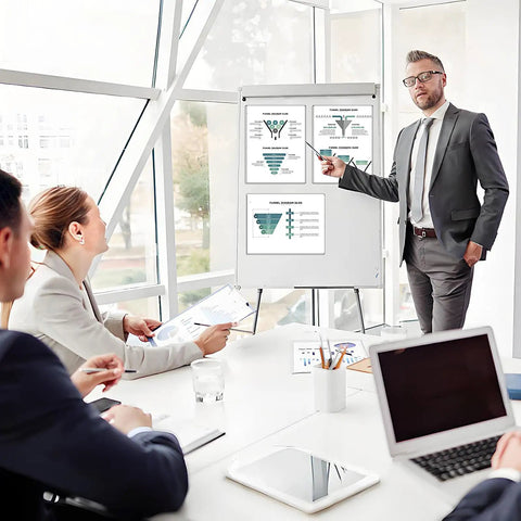 Eight Pack Magnetic Sign Holders For 8.5 By 11 Inch Documents With Clear Plastic Wall Mounts And Magnet Borders, Heavy Duty Frames For Posters, Perfect For Office, Retail, And Warehouse Displays used on a presentation board in a meeting room
