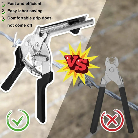 Type M Hog Ring Pliers Kit With 2400 Zinc Alloy Hog Rings For Fencing And Animal Cages, shows durable pliers and comparison chart