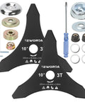 10 Inch 3 Tooth Brush Cutter Blades For Gas Powered Trimmers 2 Pack Beefed Up Carbon Steel Replacement Blades With Adapter Kit 25.4mm Arbor Universal Fit For Straight Shaft Weed Eaters on white background with included adapter kit and tools.