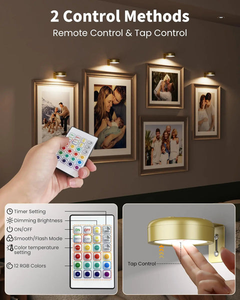 Hand holding remote for Rechargeable Magnetic LED Puck Lights For Wall, Wireless 2000mAh Battery, installed above art frames