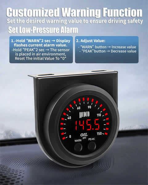 Digital oil pressure gauge kit with red LED readout on dashboard