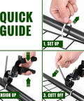 Quick guide showing step-by-step use of Heavy Duty 304 Stainless Steel Cable Tie Gun Kit With 100 Metal Zip Ties on pipe.
