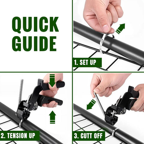 Quick guide showing step-by-step use of Heavy Duty 304 Stainless Steel Cable Tie Gun Kit With 100 Metal Zip Ties on pipe.