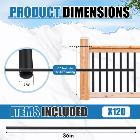 Heavy Duty Black Aluminum Deck Balusters 36 Inches High By 3/4 Inches Wide Pack Of 120 for porch decks, showing dimensions and design.
