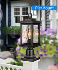 Sweet Outdoor Dusk To Dawn Post Light With Pier Mount Base on patio, black aluminum lantern with tempered glass, E26 socket