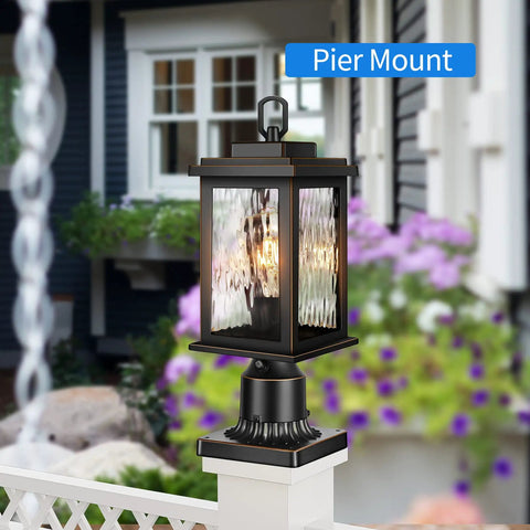 Sweet Outdoor Dusk To Dawn Post Light With Pier Mount Base on patio, black aluminum lantern with tempered glass, E26 socket