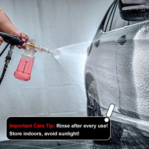 Person using Foam Cannon For Pressure Washer With M22 And 1 Quarter Inch Quick Connect on car, spraying thick foam