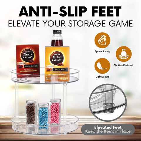 Two Tier Lazy Susan Turntable Organizer for Cabinets and Pantry with elevated anti-slip feet holding spices and condiments
