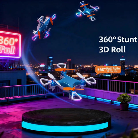 Three compact mini drones performing 360-degree stunt flights with LED lights on a rooftop, showcasing agility in night setting.