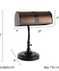 Bankers Lamp With Amber Mica Shade Mission Style Table Or Desk Light Led Bulb Included Cozy Vintage Glow For Home Office Living Room Dark Brown Finish with measurements.