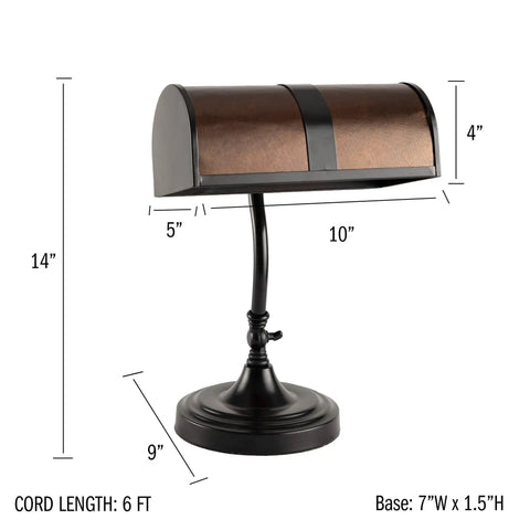 Bankers Lamp With Amber Mica Shade Mission Style Table Or Desk Light Led Bulb Included Cozy Vintage Glow For Home Office Living Room Dark Brown Finish with measurements.