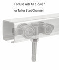 Four Wheel Strut Channel Trolley Assembly For 1-5/8 Inch Wide Unistrut Doors shown in strut channel close-up