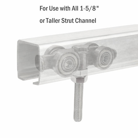 Four Wheel Strut Channel Trolley Assembly For 1-5/8 Inch Wide Unistrut Doors shown in strut channel close-up