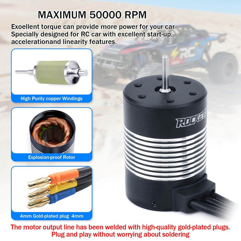 3650 Brushless Motor 2300KV High Speed Waterproof Beefy Torque for 1 to 10 Scale RC cars with gold-plated plugs and rotor