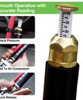 Close-up of Heavy Duty Tire Pressure Gauge With Inflator And Air Chuck 4 Way Tool, showing psi measurement and attachments.