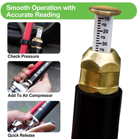 Close-up of Heavy Duty Tire Pressure Gauge With Inflator And Air Chuck 4 Way Tool, showing psi measurement and attachments.