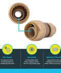 3/4 Inch To 1/2 Inch Reducing Push To Connect Brass Plumbing Fitting For PEX Copper CPVC PE RT HDPE Pipe No Solder Quick Install