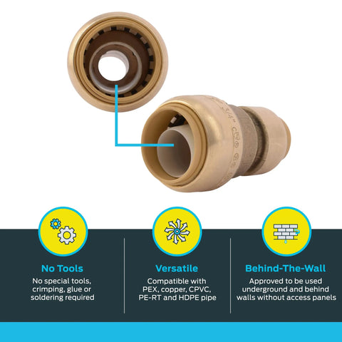 3/4 Inch To 1/2 Inch Reducing Push To Connect Brass Plumbing Fitting For PEX Copper CPVC PE RT HDPE Pipe No Solder Quick Install