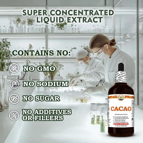 Hawaiian Raw Cacao Bean Tincture Liquid Extract Made In Hawaii All Natural Vegan Antioxidant Rich Superfood Pure Theobroma 32 Fl Oz shown in lab with ingredients.