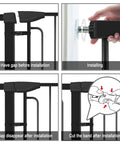 Installation steps for 36 Inch Tall Stair Baby Gate With Door, Extra Wide Adjustable From 29.3 Inches To 51.5 Inches, Pressure Mounted Black Gate For Stairs, Includes Extensions For Narrow Or Wide Openings, Child Safe And Pet Friendly, No Tools Needed.