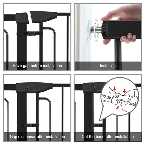 Installation steps for 36 Inch Tall Stair Baby Gate With Door, Extra Wide Adjustable From 29.3 Inches To 51.5 Inches, Pressure Mounted Black Gate For Stairs, Includes Extensions For Narrow Or Wide Openings, Child Safe And Pet Friendly, No Tools Needed.