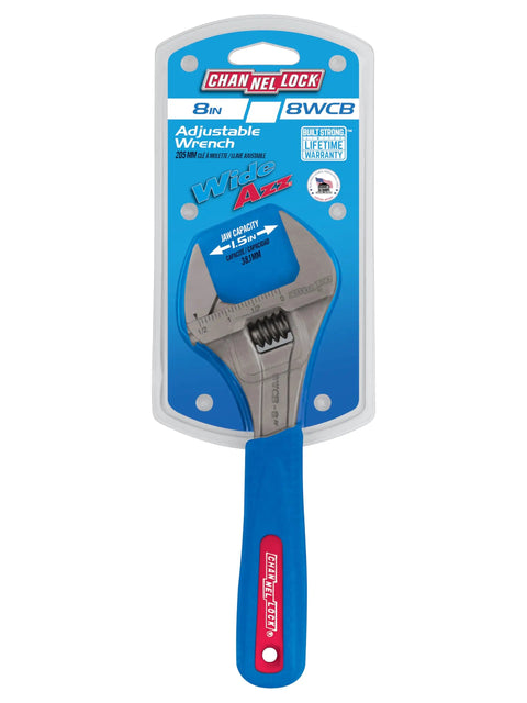 8 Inch Adjustable Wrench With Extra Wide Jaw Opening Up To One And A Half Inch For Big Nuts And Bolts In Tight Spaces, packaging view