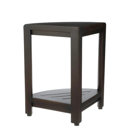 Snazzy Corner Teak Shower Shelf Three Tier Standing Bathroom Organizer with dark wood finish, angled view