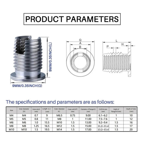 High Grade 302H Stainless Steel Self Tapping Thread Inserts Slotted Type dimensions and specifications for M8 threads, 9mm.