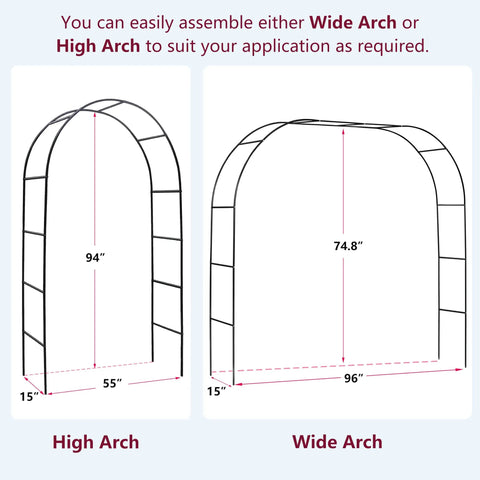 Diagram showing two form outdoor garden arch trellis made from sturdy steel, high arch 94x55x15 in and wide 96x74.8x15 in.