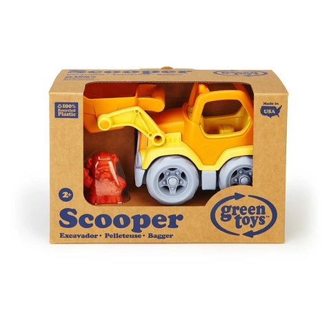 Eco Friendly Scooper Construction Truck Toy Made From Recycled Plastic in box, yellow and orange, BPA and PVC free, USA made.
