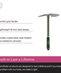 Dual-Head Garden Weeding Tool With Comfort Grip A Grab And Go Hand Tiller And Spade For Hard Soil Clay And Roots Quick Weed Removal For Lawn And Garden Care Durable Planter Accessory, showcasing lightweight 15-inch steel and comfort grip handle.