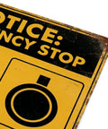 Close-up of Emergency Stop Button Safety Sign Vintage Tin Wall Decor 8x12 Inch Yellow And Black Industrial Plaque with mounting hole