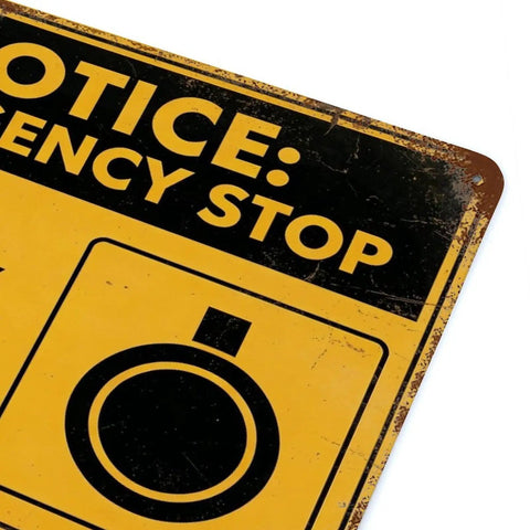 Close-up of Emergency Stop Button Safety Sign Vintage Tin Wall Decor 8x12 Inch Yellow And Black Industrial Plaque with mounting hole