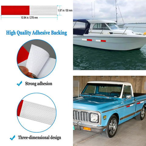 Reflective adhesive strips on boat and truck with strong adhesion details
